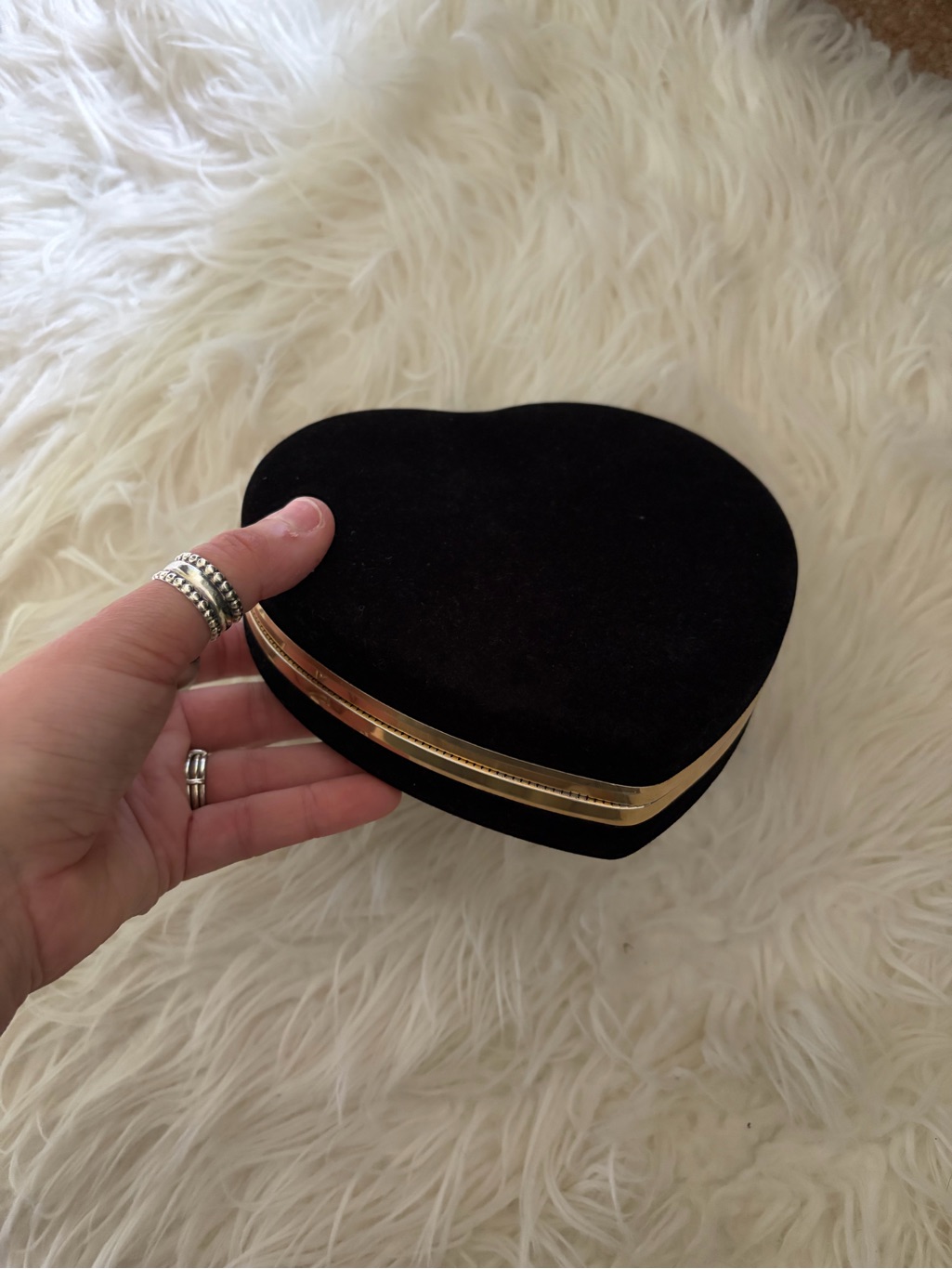 Vintage Black Velvet Heart Jewelry Box With Gold Trim